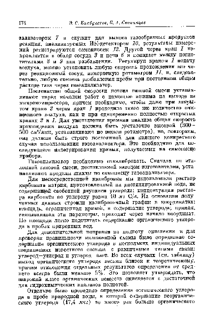 Постоянство общей скорости потока газовой смеси устанавливают перед началом работ с помощью зажима на выходе из микрокомпрессора, причем необходимо, чтобы даже при закрытом кране 2 через кран 1 проходило такое же количество очищенного воздуха, как и при одновременно полностью открытых кранах 2 и 1. Для уменьшения времени анализа общая скорость прохождения воздуха должна быть достаточно высокой (300— 500 см3/мин, устанавливают по шкале ротаметра), но, повторяем, она должна быть строго постоянной для каждого конкретного случая использования газоанализатора. Это необходимо для последующего интегрирования кривых, получаемых на самописце прибора.