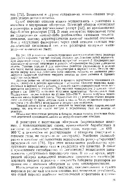 Сухой пиролиз отходов можно осуществлять в реакторах с внешним и внутренним обогревом. Внешний обогрев применяют в реакторах в виде вертикальных реторт [62], во вращающихся барабанных реакторах [73]. В этих аппаратах пиролизные газы не подвергаются какому-либо разбавлению газовыми теплоносителями, поэтому характеризуются высокой теплотой сгорания. Ввиду отсутствия фильтрации через слой отходов газовых теплоносителей пиролизный газ этих реакторов содержит минимальное количество пыли.