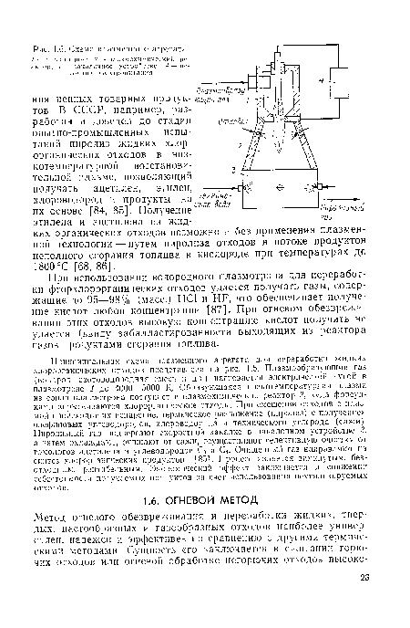 При использовании водородного плазмотрона для переработки фторхлорорганических отходов удается получать газы, содержащие до 95—98% (масс.) НС1 и НР, что обеспечивает получение кислот любой концентрации [87]. При огневом обезвреживании этих отходов высокую концентрацию кислот получить не удается (ввиду забалластированности выходящих из реактора газов продуктами сгорания топлива.