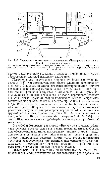 Перечисленных недостатков лишены турбобарботажные реакторы [93], характеризующиеся более сложной организацией процесса. Сущность процесса огневого обезвреживания жидких отходов в этих реакторах заключается в том, что жидкость приводится во вращение, например в кольцевом канале, путем направленного и рассредоточенного подвода первичного воздуха с внутренней и наружной сторон кольцевого канала, а продукты газификации горючих жидких отходов приводятся во вращение вторичным воздухом, подаваемым выше барботажной ванны. МосводоканалНИИпроектом разработаны турбобарботажные реакторы следующих типоразмеров: передвижной «Вихрь» с нагрузкой по жидким горючим отходам 0,2 т/ч; стационарный с нагрузкой 3 и 10 т/ч; плавающий с нагрузкой 3 т/ч [93]. На рис. 2.18 приведена схема турбобарботажного реактора большой мощности.