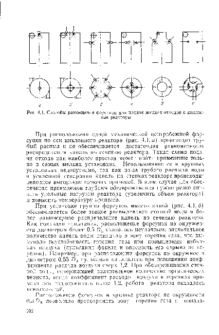 При установке группы форсунок вместо одной (рис. 4.1,6) обеспечивается более тонкое распыливание сточной воды и более равномерное распределение капель по сечению реактора. Как показали испытания, расположение форсунок на окружности диаметром более 0.5 Оа оказалось неудачным: значительное количество капель воды попадало в зону горения газа, что вызывало неустойчивость горения газа при повышенных избытках воздуха (пульсации факела и опасность его отрыва от горелок). Например, при расположении форсунок на окружности диаметром 0,55 Би пульсации начинались при повышении коэффициента расхода воздуха сверх 1,2. При обезвреживании сточной воды, содержавшей значительное количество органических веществ, когда коэффициент расхода воздуха в горелках приходилось поддерживать выше 1,2, работа реактора оказалась невозможной.