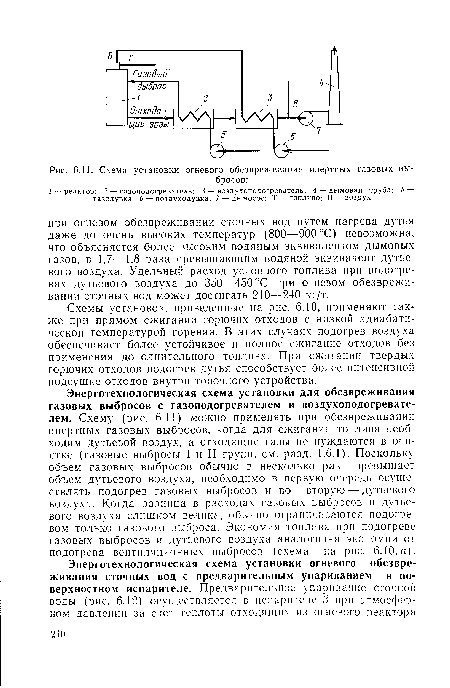 Энерготехнологическая схема установки для обезвреживания газовых выбросов с газоподогревателем и воздухоподогревателем. Схему (рис. 6.11) можно применять при обезвреживании инертных газовых выбросов, когда для сжигания топлива необходим дутьевой воздух, а отходящие газы не нуждаются в очистке (газовые выбросы I и II групп, см. разд. 1.6.1). Поскольку объем газовых выбросов обычно в несколько раз превышает объем дутьевого воздуха, необходимо в первую очередь осуществлять подогрев газовых выбросов и во вторую — дутьевого воздуха. Когда разница в расходах газовых выбросов и дутьевого воздуха слишком велика, обычно ограничиваются подогревом только газового выброса. Экономия топлива при подогреве газовых выбросов и дутьевого воздуха аналогична экономии от подогрева вентиляционных выбросов (схема на рис. 6.10, а).