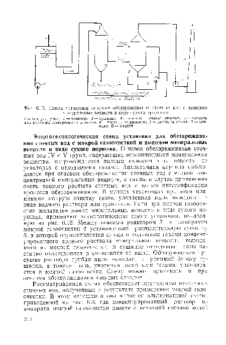 Энерготехнологическая схема установки для обезвреживания сточных вод с мокрой газоочисткой и выводом минеральных веществ в виде сухого порошка. Огневое обезвреживание сточных вод IV и V групп, содержащих возгоняющиеся минеральные вещества, сопровождается полным выносом этих веществ из реакторов с отходящими газами. Аналогичная картина наблюдается при огневом обезвреживании сточных вод с низкой концентрацией минеральных веществ, а также в случае применения очень тонкого распыла сточных вод с целью интенсификации процесса обезвреживания. В мелких установках при этом применяют мокрую очистку газов, уловленная пыль выводится в виде водного раствора или суспензии. Если при мокрой газоочистке желателен вывод минеральных веществ в виде сухого порошка, применяют технологическую схему установки, показанную на рис. 6.13. Между огневым реактором 2 и аппаратом мокрой газоочистки 4 устанавливают распылительную сушилку 3, в которой осуществляется сушка отходящими газами концентрированного водного раствора минеральных веществ, выводимого из мокрой газоочистки. В сушилке отходящие газы частично охлаждаются и очищаются от пыли. Образующаяся при сушке раствора грубая пыль выпадает в приемный бункер сушилки, а тонкая пыль, уносимая дымовыми газами, улавливается в мокрой газоочистке. Схему можно применять и при огневом обезвреживании твердых отходов.