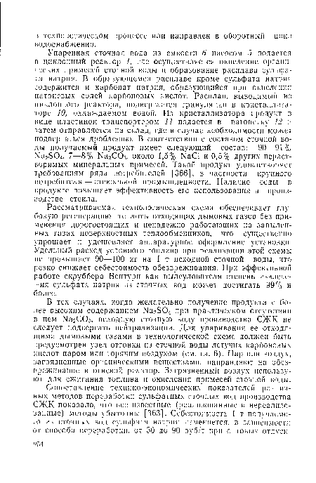 Рассматриваемая технологическая схема обеспечивает глубокую регенерацию теплоты отходящих дымовых газов без применения дорогостоящих и ненадежно работающих на запыленных газах поверхностных теплообменников, что существенно упрощает и удешевляет аппаратурное оформление установки. Удельный расход условного топлива при реализации этой схемы не превышает 90—100 кг на 1 т исходной сточной воды, что резко снижает себестоимость обезвреживания. При эффективной работе скруббера Вентури как пылеуловителя степень извлечения сульфата натрия из сточных вод может достигать 99% и более.