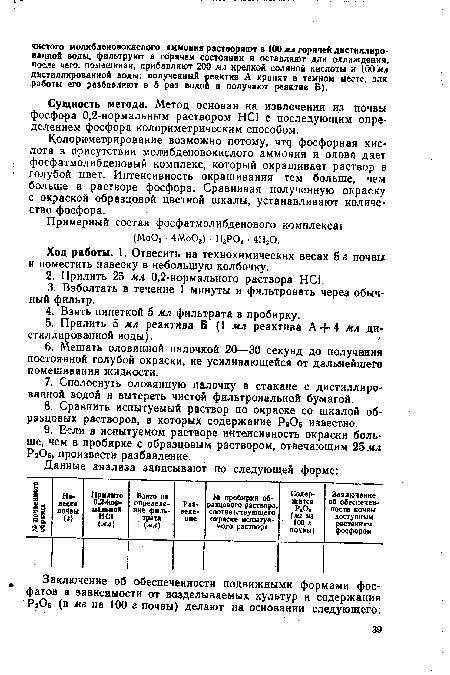 Колориметрирование возможно потому, чтд фосфорная кислота в присутствии молибденовокислого аммония и олова дает фосфатмолибденовый комплекс, который окрашивает раствор в голубой цвет. Интенсивность окрашивания тем больше, чем больше в растворе фосфора. Сравнивая полученную окраску с окраской образцовой цветной шкалы, устанавливают количество фосфора.