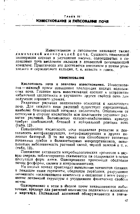 Повышенная кислотность почв подавляет развитие и деятельность азотфиксирующих, нитрифицирующих и других полезных бактерий. В то же время она способствует развитию почвенных грибов и болезнетворных микроорганизмов, повышающих заболеваемость растений килой, черной ножкой и т. п. (табл. 13).