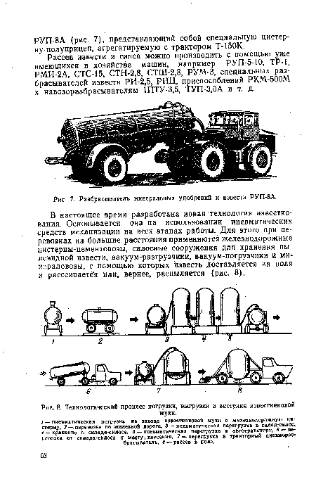В настоящее время разработана новая технология известкования. Основывается она на использовании пневматических средств механизации на всех этапах работы. Для этого при перевозках на большие расстояния применяются железнодорожные цистерны-цементовозы, силосные сооружения для хранения пылевидной извести, вакуум-разгрузчики, вакуум-погрузчики и ми-нераловозы, с помощью которых Известь доставляется на поля и рассеивается или, вернее, распыляется (рис. 8).