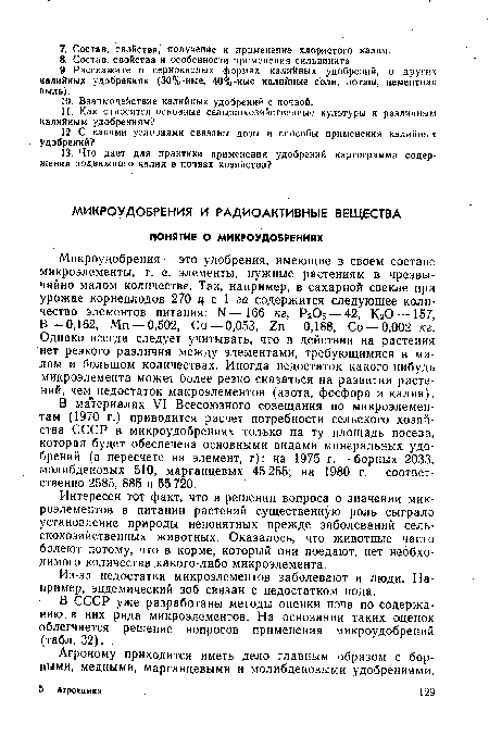 В материалах VI Всесоюзного совещания по микроэлементам (1970 г.) приводится расчет потребности сельского хозяйства СССР в микроудобрениях только на ту площадь посева, которая будет обеспечена основными видами минеральных удобрений (в пересчете на элемент, т): на 1975 г.— борных 2033, молибденовых 510, марганцевых 45 255; на 1980 г. — соответственно 2585, 885 и 55 720.