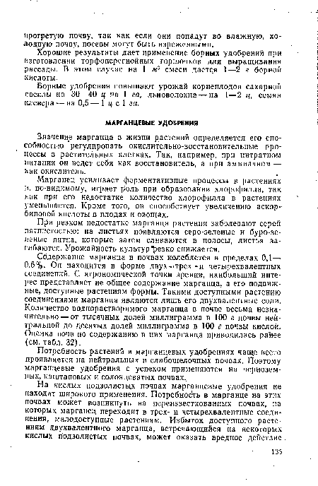 При резком недостатке марганца растения заболевают серой пятнистостью: на листьях появляются серо-зеленые и буро-зеленые пятна, которые затем сливаются в полосы, листья загибаются. Урожайность культур )езко снижается.