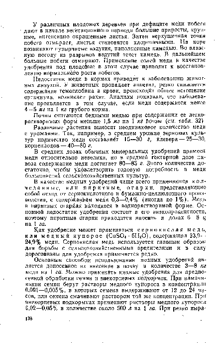 Недостаток мед И в кормах приводит к заболеванию животных лизухой. У животных пропадает аппетит, резко снижается содержание гемоглобина в крови, происходит общее истощение организма, возникает рахит. Анализы показали, что заболевание проявляется в том случае, если меди содержится менее 4—5 мг на 1 кг грубого корма.