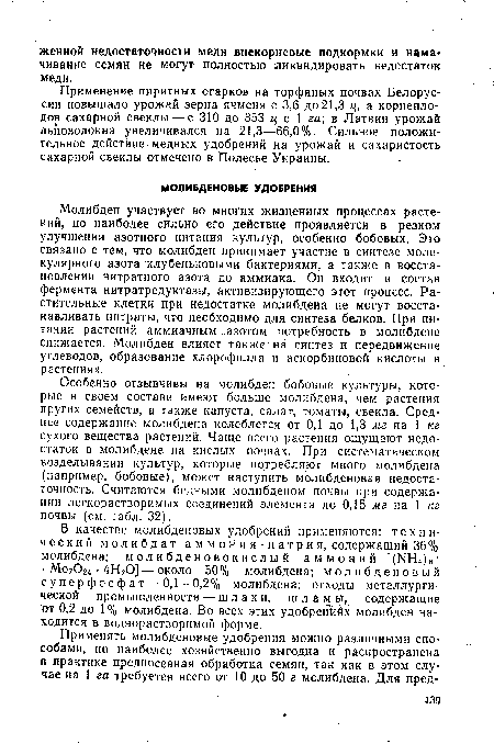 Применение пиритных огарков на торфяных почвах Белоруссии повышало урожай зерна ячменя с 3,6 до21,3 ц, а корнеплодов сахарной свеклы — с 310 до 353 ц с 1 га в Латвии урожай льноволокна увеличивался на 21,3—66,0%. Сильное положительное действие медных удобрений на урожай и сахаристость сахарной свеклы отмечено в Полесье Украины.