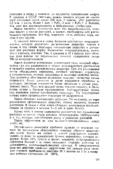 Навоз является источником углекислого газа, который образуется при его разложении и может использоваться растениями в процессе синтеза органического вещества. При его разложении почва обогащается перегноем, который улучшает структуру, а следовательно, водные, воздушные и тепловые свойства почвы. Под влиянием обогащения перегноем тяжелые глинистые почвы становятся более рыхлыми и легче поддаются обработке и, наоборот, песчаные становятся более связными и лучше удерживают влагу. Перегной придает почве темную окраску, и такие почвы лучше и быстрее прогреваются. Бесструктурные почвы под влиянием навоза приобретают структуру. На структурных почвах навоз предохраняет структуру от разрушения.