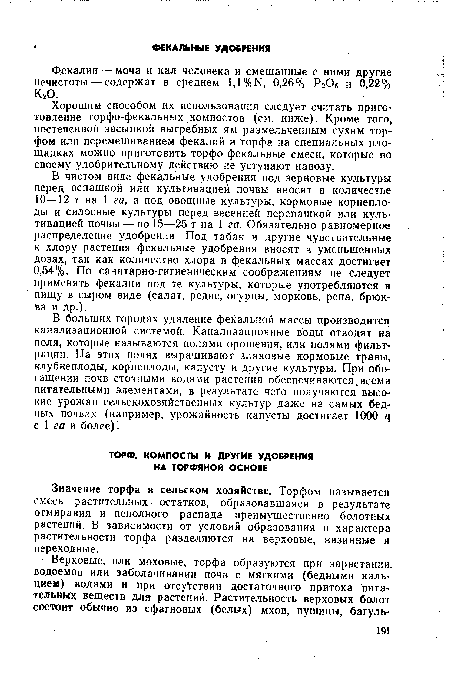 В больших городах удаление фекальной массы производится канализационной системой. Канализационные воды отводят на поля, которые называются полями орошения, или полями фильтрации. На этих полях выращивают злаковые кормовые травы, клубнеплоды, корнеплоды, капусту и другие культуры. При обогащении почв сточными водами растения обеспечиваются.всеми питательными элементами, в результате чего получаются высокие урожаи сельскохозяйственных культур даже на самых бедных почвах (например, урожайность капусты достигает 1000 ц с 1 га и более).