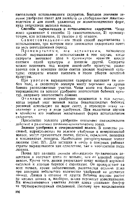 Зеленое удобрение в нечерноземной полосе. В качестве растений, выращиваемых на зеленое удобрение в нечерноземной полосе, могут применяться люпин, донник, сераделла, пелюшка и хмелевидная люцерна. Наибольшее распространение имеют люпины (рис. 22). Для запашки в почву в северных районах страны выращиваются как однолетние, так и многолетние виды люпина.