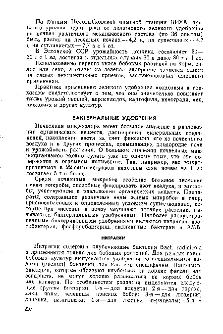 Среди почвенных микробов особенно большое значение имеют микробы, способные фиксировать азот воздуха, и микробы, участвующие в разложении органических веществ. Препараты, содержащие различные виды живых микробов и спор, приспособленных к определенным условиям существования, которые при внесении в почву улучшают питание растений, называются бактериальными удобрениями. Наиболее распространенными бактериальными удобрениями являются нитрагин, азотобактерин, фосфоробактерин, силикатные бактерии и АМБ.