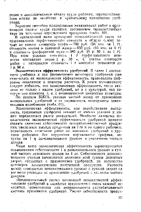 Экономическая эффективность, или хозяйственная выгодность, применения удобрений зависит от многих условий и может определяться рядом показателей. Наиболее важными показателями экономической эффективности удобрений принято считать снижение себестоимости сельскохозяйственной продукции, увеличение выхода продукции на 1 га и на одного рабочего, возможность сочетания работ по внесению удобрений с Другими работами без нарушения нормального графика, затраты на 1 ц дополнительного урожая и увеличение чистого дохода.