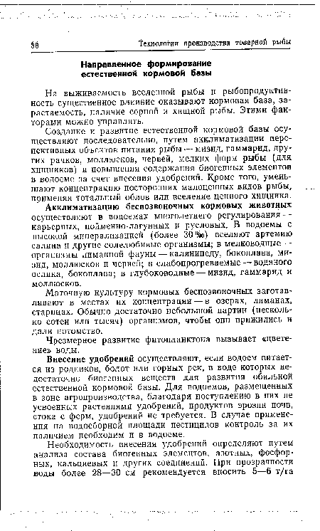 Внесение удобрений осуществляют, если водоем питается из родников, болот или горных рек, в воде которых недостаточно биогенных веществ для развития обильной естественной кормовой базы. Для водоемов, размещенных в зоне агропроизводства, благодаря поступлению в них не усвоенных растениями удобрений, продуктов эрозии почв, стока с ферм, удобрений не требуется. В случае применения на водосборной площади пестицидов контроль за их наличием необходим и в водоеме.