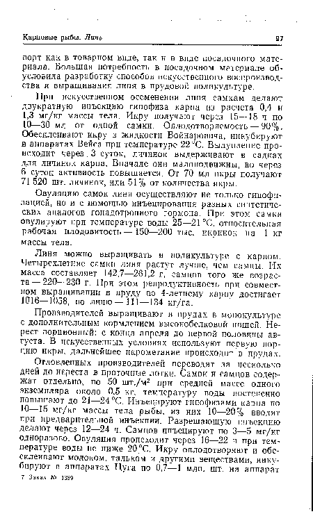 При искусственном осеменении линя самкам делают двукратную инъекцию гипофиза карпа из расчета 0,4 и 1,3 мг/кг массы тела. Икру получают через 15—18 ч по 10—30 мл от одной самки. Онлодотворяемость — 90%. Обесклеивают икру в жидкости Войнаровича, инкубируют в аппаратах Вейса при температуре 22 °С. Вылупление происходит через 3 суток, личинок выдерживают в садках для личинок карпа. Вначале они малоподвижны, но через б суток активность повышается. От 70 мл икры получают 71 520 шт. личинок, или 51% от количества икры.