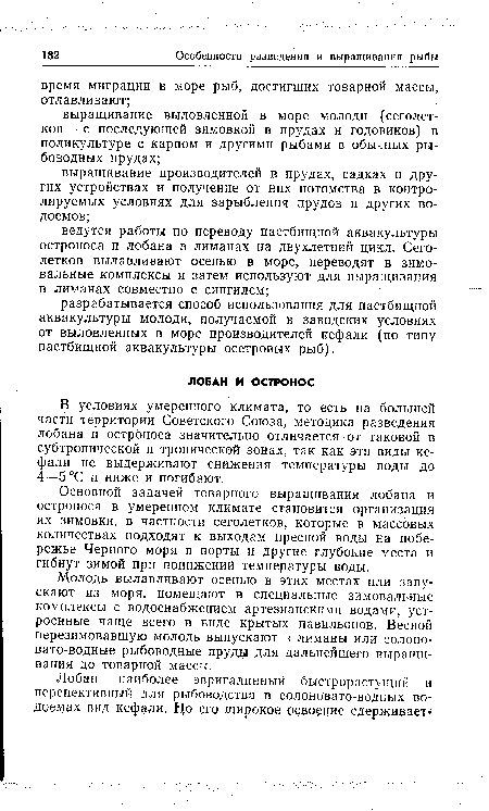 Основной задачей товарного выращивания лобана и остроноса в умеренном климате становится организация их зимовки, в частности сеголетков, которые в массовых количествах подходят к выходам пресной воды на побережье Черного моря в порты и другие глубокие места и гибнут зимой при понижений температуры воды.