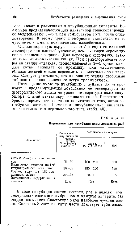 Размещение икры на инкубацию с пунктов сбора проводят с предварительным доведением ее температуры из изотермического ящика до уровня температуры воды инкубатора. С этой целью икру поливают водой. Развитие эмбриона определяют со стадии пигментации глаз, когда не требуется оптика. Применяют инкубационные аппараты горизонтального и вертикального типа (табл. 48).