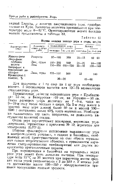 Для получения с 1 га озер по 1 кг угря необходимо вселить 5 экземпляров мальков или 10—15 экземпляров стекловидного угря.