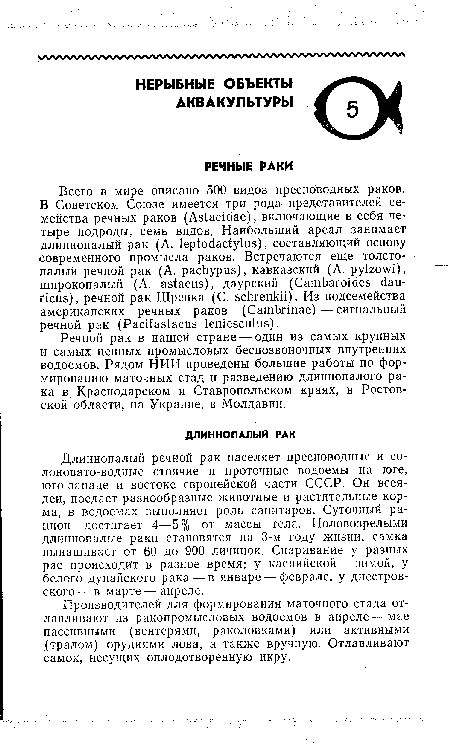 Длиннопалый речной рак населяет пресноводные и солоновато-водные стоячие и проточные водоемы на юге, юго-западе и востоке европейской части СССР. Он всеяден, поедает разнообразные животные и растительные корма, в водоемах выполняет роль санитаров. Суточный рацион достигает 4—5% от массы тела. Половозрелыми длиннопалые раки становятся на 3-м году жизни, самка вынашивает от 60 до 900 личинок. Спаривание у разных рас происходит в разное время: у каспийской — зимой, у белого дунайского рака — в январе — феврале, у днестровского — в марте — апреле.