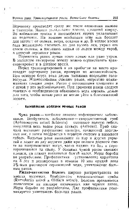 Перед транспортировкой и по прибытии на место производят сортировку раков, проверяя их жизнестойкость. При осмотре берут рака двумя пальцами посредине головогруди. Жизнестойкими считают раков, энергично поднимающих клешни вверх. Раков с опущенными клешнями и с пеной у рта выбраковывают. При хранении раков следует помнить о необходимости обвязывать верх корзины делью для того, чтобы ночью раки не могли уйти в близлежащий водоем.