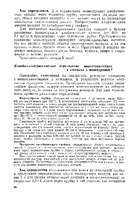 Индикаторные трубки. Очищенный силикагель с размером зерен 0,25— 0,5 мм высушивают при 110° С. К взвешенному силикагелю добавляют 2% нин-гидрина, растворенного в таком количестве дистиллированной воды, чтобы только смочить силикагель. Это количество составляет около 1,5 мл насыщенного раствора нингидрина на 1 г геля. Смесь перемешивают, оставляют на 10 мин и затем удаляют избыток воды потоком фильтрованного воздуха или инертного газа при 20—25° С и относительной влажности от 50 до 60%. Гель должен содержать 25—30 вес.% воды и быть сыпучим.