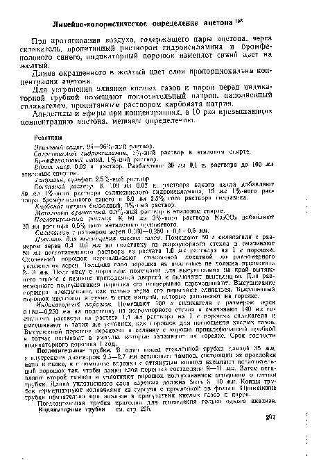 При протягивании воздуха, содержащего пары ацетона, через силикагель, пропитанный раствором гидроксиламина и бромфе-нолового синего, индикаторный порошок изменяет синий цвет на желтый.