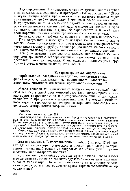 Метод основан на протягивании воздуха через кипящий слой окрашенного в синий цвет хемосорбента (силикагель, пропитанный раствором гидроксиламина и бромфенолового синего) до пожелтения его в присутствии эталона-свидетеля. По объему отобранного воздуха вычисляют концентрацию карбонильного соединения, пользуясь эмпирическим коэффициентом.