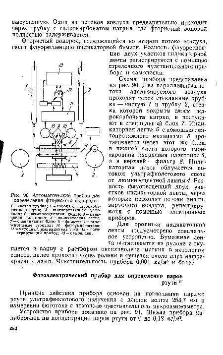 Фтористый водород, содержащийся во втором потоке воздуха, гасит флуоресценцию индикаторной бумаги. Разность флуоресценции двух участков индикаторной ленты регистрируется с помощью стрелочного чувствительного прибора и самописца.