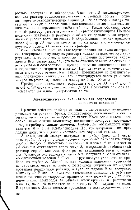 Измерительная система стандартизирована по кулонометрически генерированному иоду из раствора иодида натрия, между двумя ртутными электродами, к которым приложено постоянное напряжение. Количество выделяемого иода линейно зависит от силы тока электролиза и соответственно пропорционально концентрации озона и сернистого ангидрида в воздухе. При изменении концентрации иода в растворе изменяется разность потенциалов на измерительных платиновых электродах. Ток регистрируется через усилитель микроамперметром, имеющим шкалу от 0 до 100 мка.