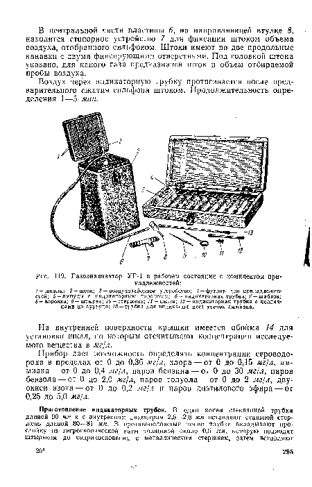 Воздух через индикаторную трубку протягивается после предварительного сжатия сильфона штоком. Продолжительность определения 1—5 мин.