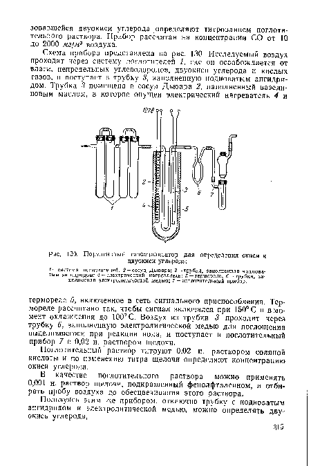 Пользуясь этим же прибором, отключив трубку с йодноватым ангидридом и электролитической медью, можно определять двуокись углерода.