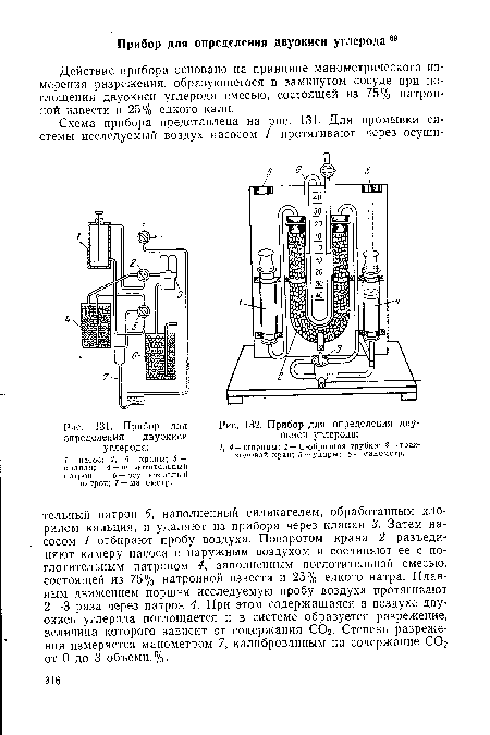 Действие прибора основано на принципе манометрического измерения разрежения, образующегося в замкнутом сосуде при поглощении двуокиси углерода смесью, состоящей из 75% натронной извести и 25% едкого кали.