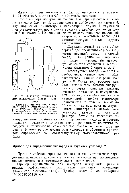 Двухжидкостный манометр 1 содержит две несмешивающиеся жидкости: внешний сосуд — этиловый спирт, внутренний — подкрашенный алканом керосин. Внешний сосуд манометра соединен с керамическим фильтром 5 через кран 3.