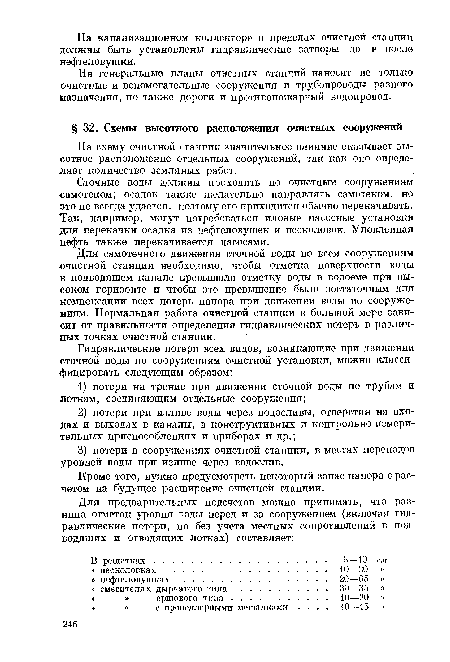 Для самотечного движения сточной воды по всем сооружениям •очистной станции необходимо, чтобы отметка поверхности воды в подводящем канале превышала отметку воды в водоеме при высоком горизонте и чтобы это превышение было достаточным для компенсации всех потерь напора при движении воды по сооружениям. Нормальная работа очистной станции в большой мере зависит от правильности определения гидравлических потерь в различных точках очистной станции.