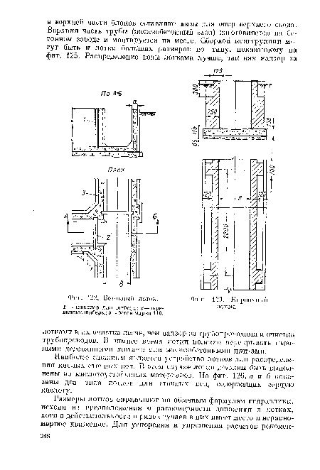 Наиболее сложным является устройство лотков для распределения кислых сточных вод. В этом случае лотки должны быть выполнены из кислотоустойчивых материалов. На фиг. 126, а и б показаны два типа лотков для сточных вод, содержащих серную кислоту.