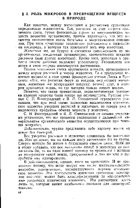 Такова несложная схема круговорота- веществ, происходящая между миром растений и миром животных. Ее с предельной ясностью выразили в свое время французские ученые Дюма и Бус-сенго: «Все, что растения берут из воздуха, они отдают животным, животные же возвращают воздуху; вечный круг, в котором вращается жизнь, но где материя только меняет место».