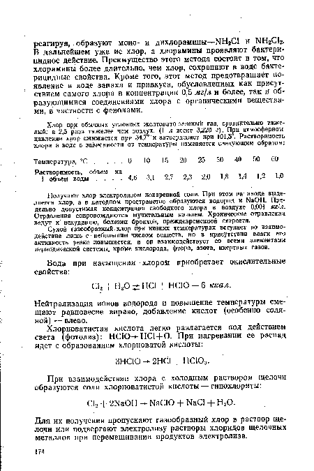 Получают хлор электролизом поваренной соли. При этом на аноде выделяется хлор, а в катодном пространстве образуются водород и NaOH. Предельно допустимая концентрация свободного хлора в воздухе 0,001 мг/л. Отравления сопровождаются мучительным кашлем. Хронические отравления ведут к исхуданию, болезни бронхов, преждевременной старости.