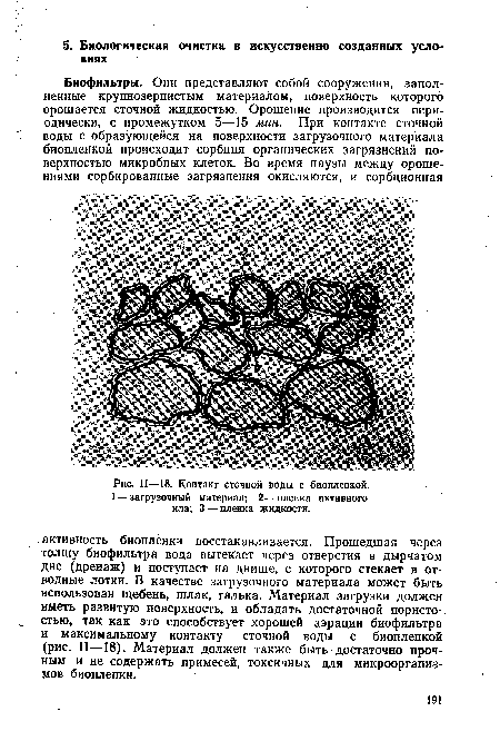 Рис, II—18. Контакт сточной воды с биопленкой. 1—загрузочный материал; 2—пленка активного ила; 3 — пленка жидкости.