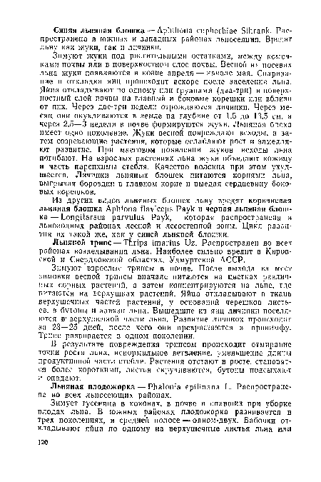 Зимуют взрослые трипсы в почве. После выхода из мест зимовки весной трипсы вначале питаются на цветках различных сорных растений, а затем концентрируются на льне, где питаются на верхушках растений. Яйца откладывают в ткань верхушечных частей растений, у оснований черешков листьев, в бутоны и завязи льна. Вышедшие из яиц личинки поселяются в’ верхушечной части льна. Развитие личинок происходит за 23—25 дней, после чего они превращаются в пронимфу. Трипе развивается в одном поколении.