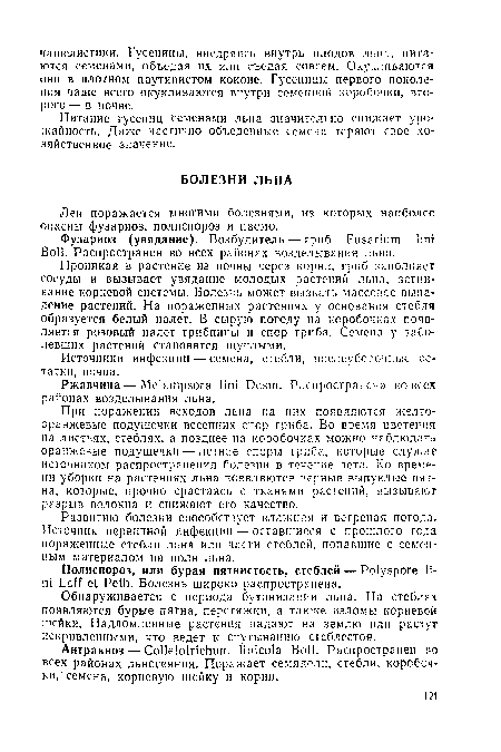 Проникая в растение из почвы через корни, гриб заполняет сосуды и вызывает увядание молодых растений льна, загнивание корневой системы. Болезнь может вызвать массовое выпадение растений. На пораженных растениях у основания стебля образуется белый налет. В сырую погоду на коробочках появляется розовый налет грибницы и спор гриба. Семена у заболевших растений становятся щуплыми.