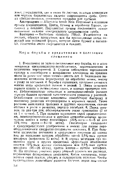 Бактериоз — Bacterium ricinicola Elliott. Развивается на листьях, образуя прозрачные, как бы промасленные пятна округлой или угловатой формы, которые затем буреют и высыхают. Пластинка листа свертывается и опадает.