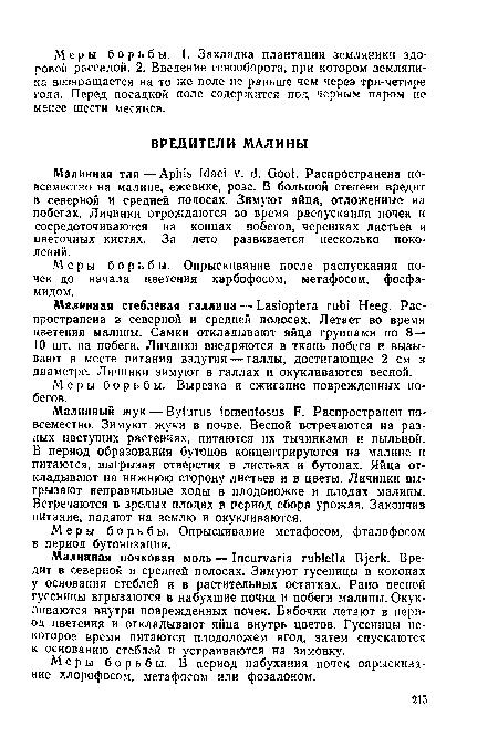 Малинная почковая моль — Incurvaria rubiella Bjerk. Вредит в северной и средней полосах. Зимуют гусеницы в коконах у основания стеблей и в растительных остатках. Рано весной гусеницы вгрызаются в набухшие почки и побеги малины. Окукливаются внутри поврежденных почек. Бабочки летают в период цветения и откладывают яйца внутрь цветов. Гусеницы некоторое время питаются плодоложем ягод, затем спускаются к основанию стеблей и устраиваются на зимовку.