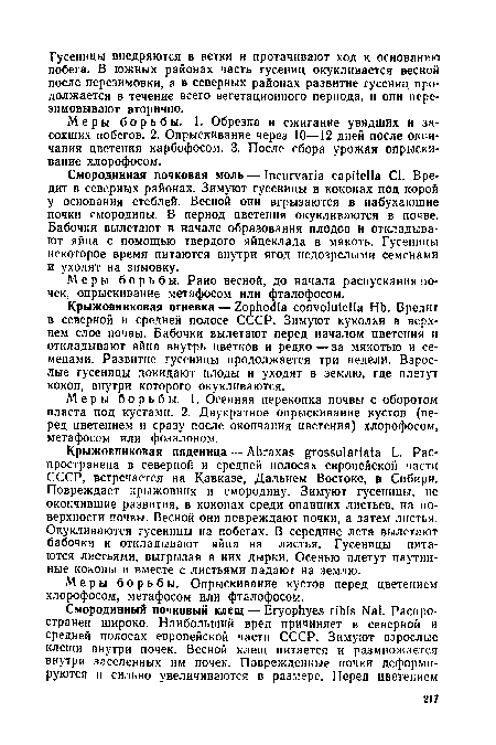 Меры борьбы. 1. Обрезка и сжигание увядших и засохших побегов. 2. Опрыскивание через 10—12 дней после окончания цветения карбофосом. 3. После сбора урожая опрыскивание хлорофосом.