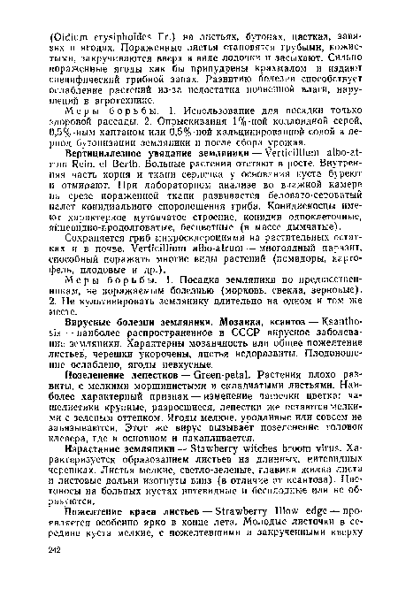 Меры борьбы. 1. Использование для посадки только здоровой рассады. 2. Опрыскивания 1%-ной коллоидной серой, 0,5%-ным каптаном или 0,5%-ной кальцинированной содой в период бутонизации земляники и после сбора урожая.