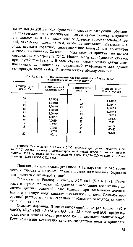 Пример. Температура в комнате 21° С температура дистиллированной воды 21° С. Масса склянки с дистиллированной водой 197,53 г, масса пустой склянки 45,24 г, масса дистиллированной воды 197,53—45,24=152,29 г. Объем склянки 152,29-1,00297=152,74 мл.