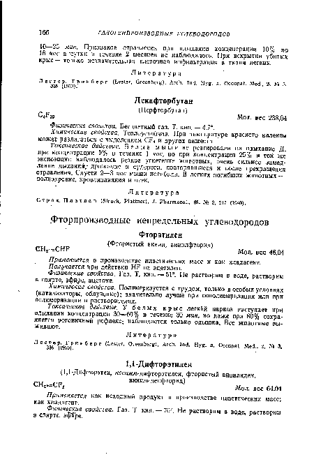 Физические свойства. Газ. Т, кип. — 51°. Не растворим в воде, растворим в спирте, эфире, ацетоне.