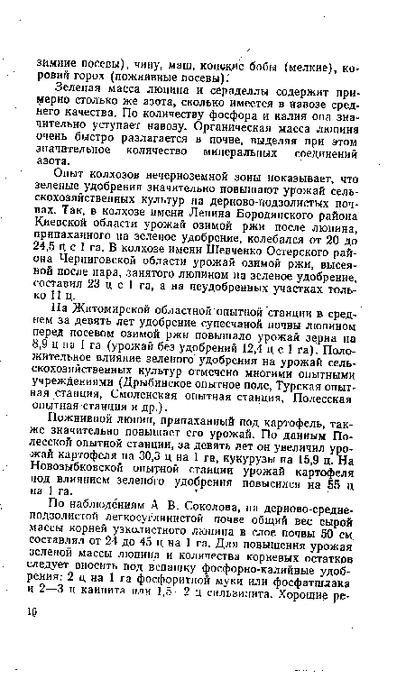 Зеленая масса люпина и сераделлы содержит примерно столько же азота, сколько имеется в навозе среднего качества. По количеству фосфора и калия она значительно уступает навозу. Органическая масса люпина очень быстро разлагается в почве, выделяя при этом значительное количество минеральных соединений азота.